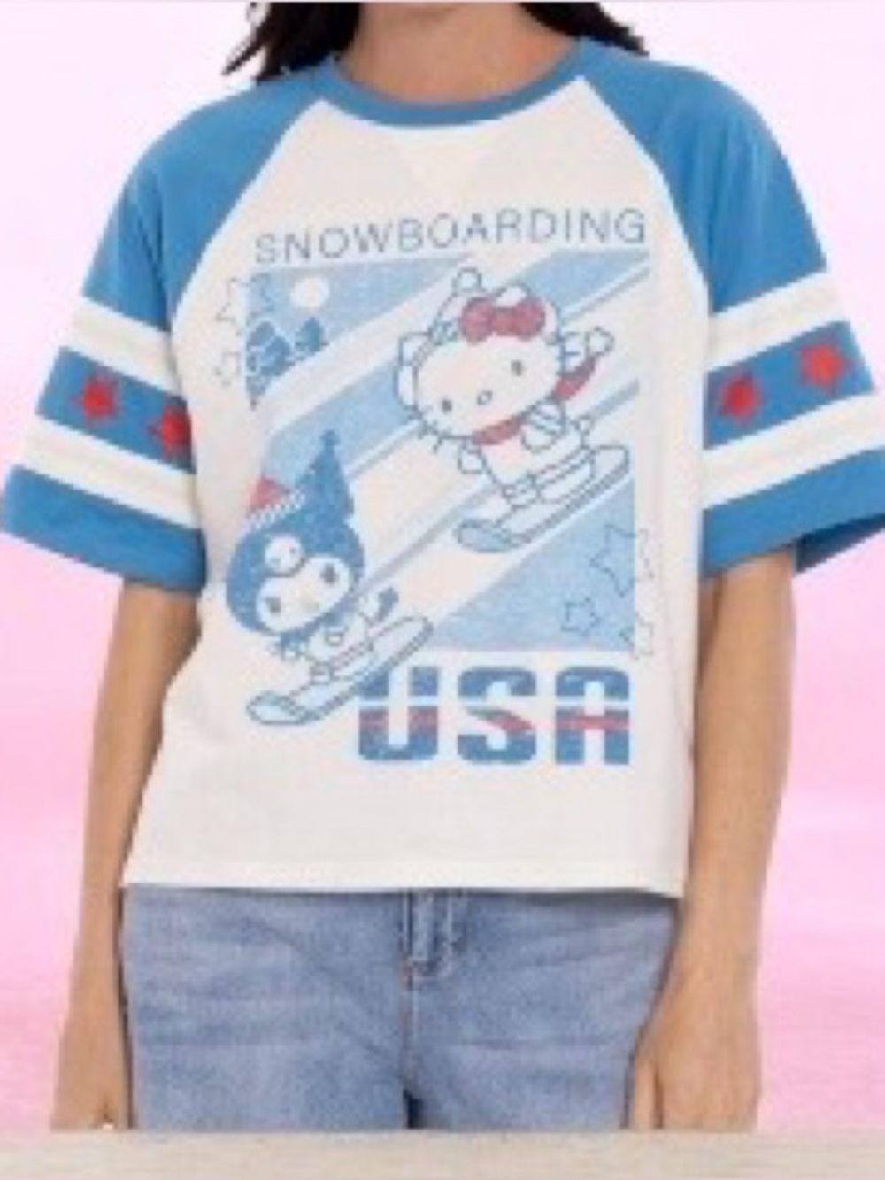 Hello Kitty USA Graphic Tee Women Y2K Sanrio Snowboarding Shirt Cute Blue Top - Picture 3 of 3
